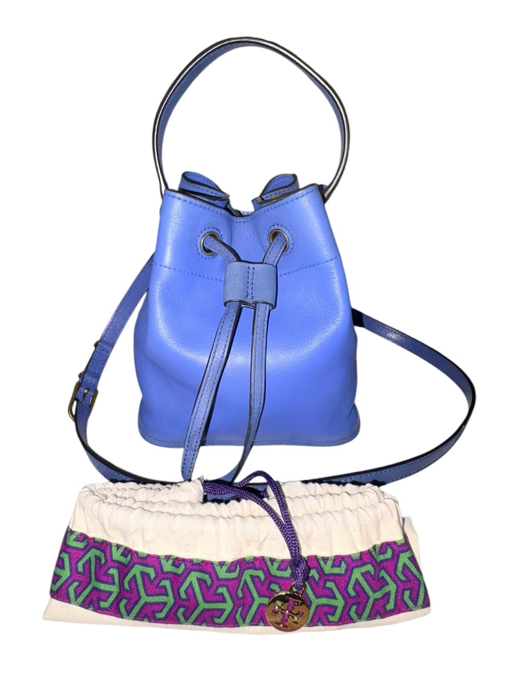 Tory Burch Mini Leather Bucket Cross Body Handbag~Neptune Blue